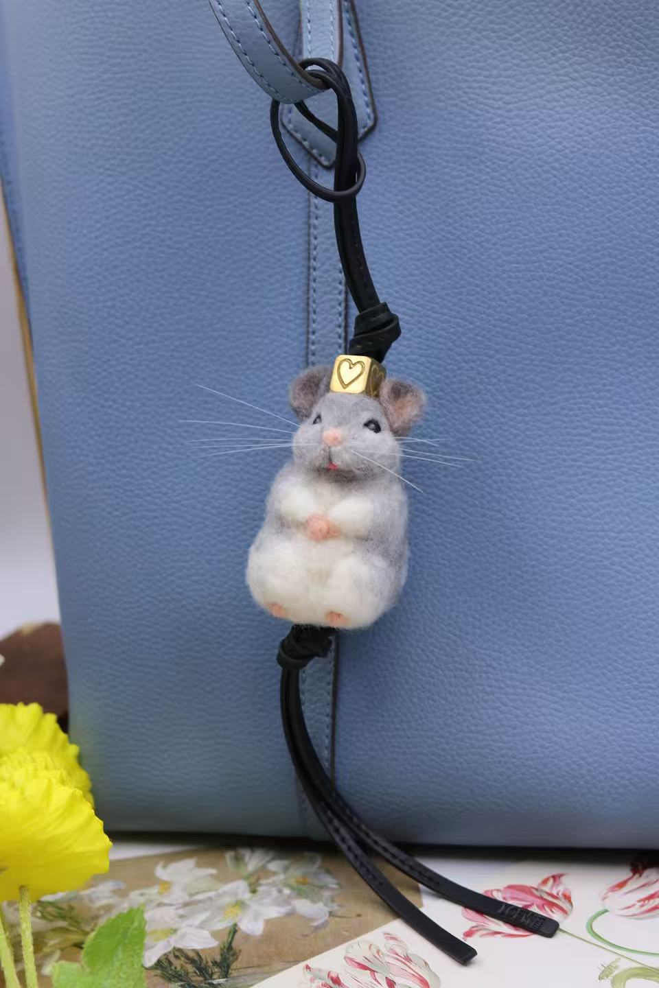 Custom felt mouse ornament hanging on bag as charm